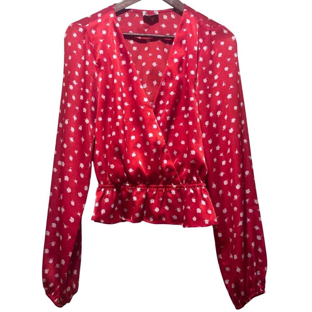 Show Me Your Mumu Red White Floral Satin Wrap Peplum Long Sleeve Blouse‎ Medium